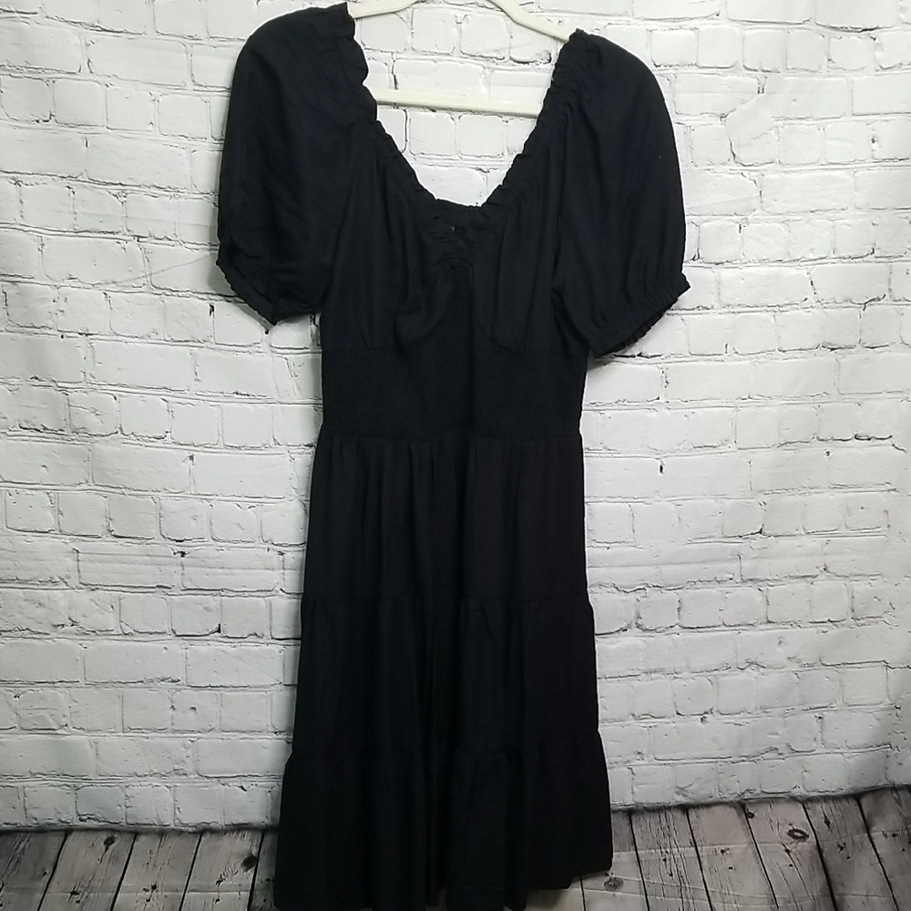 Black V Neck Puff Sleeve Tiered Dress Medium